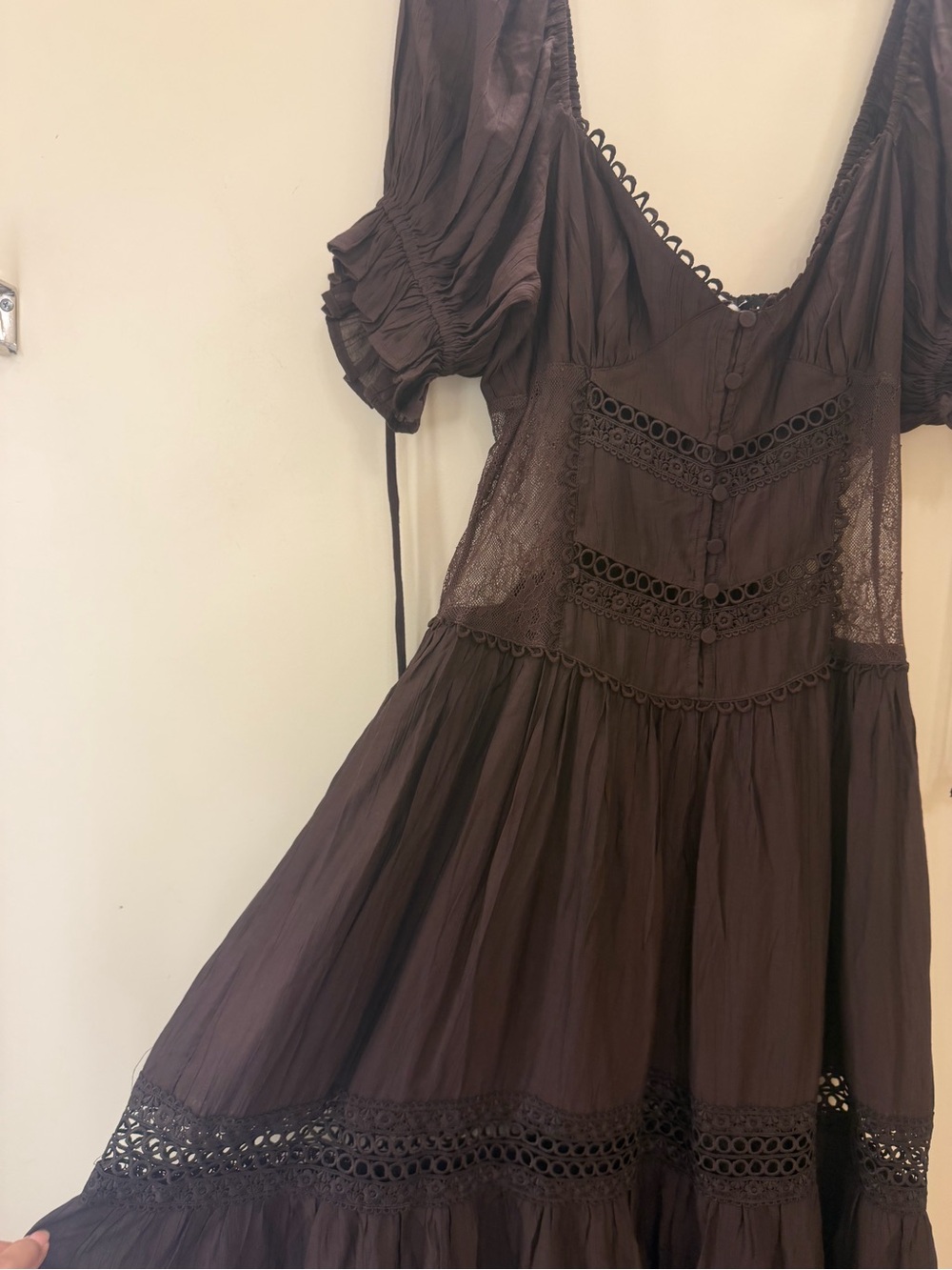 En Saison Brown Textured Dress with Crochet Detail